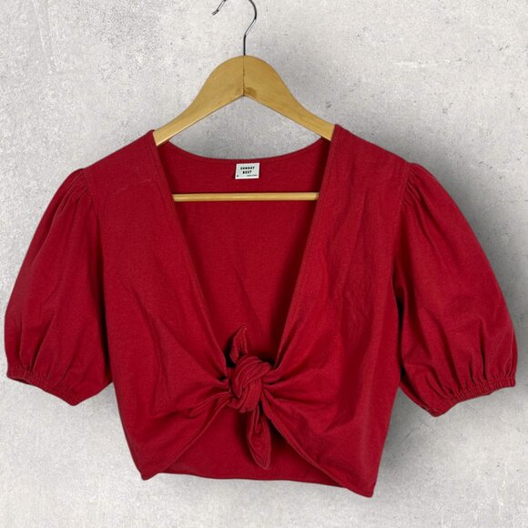 Aritzia Red Puff‎ Sleeve Tie Front Crop Top Womens Size Medium Sunday Best 77868 - Picture 7 of 15